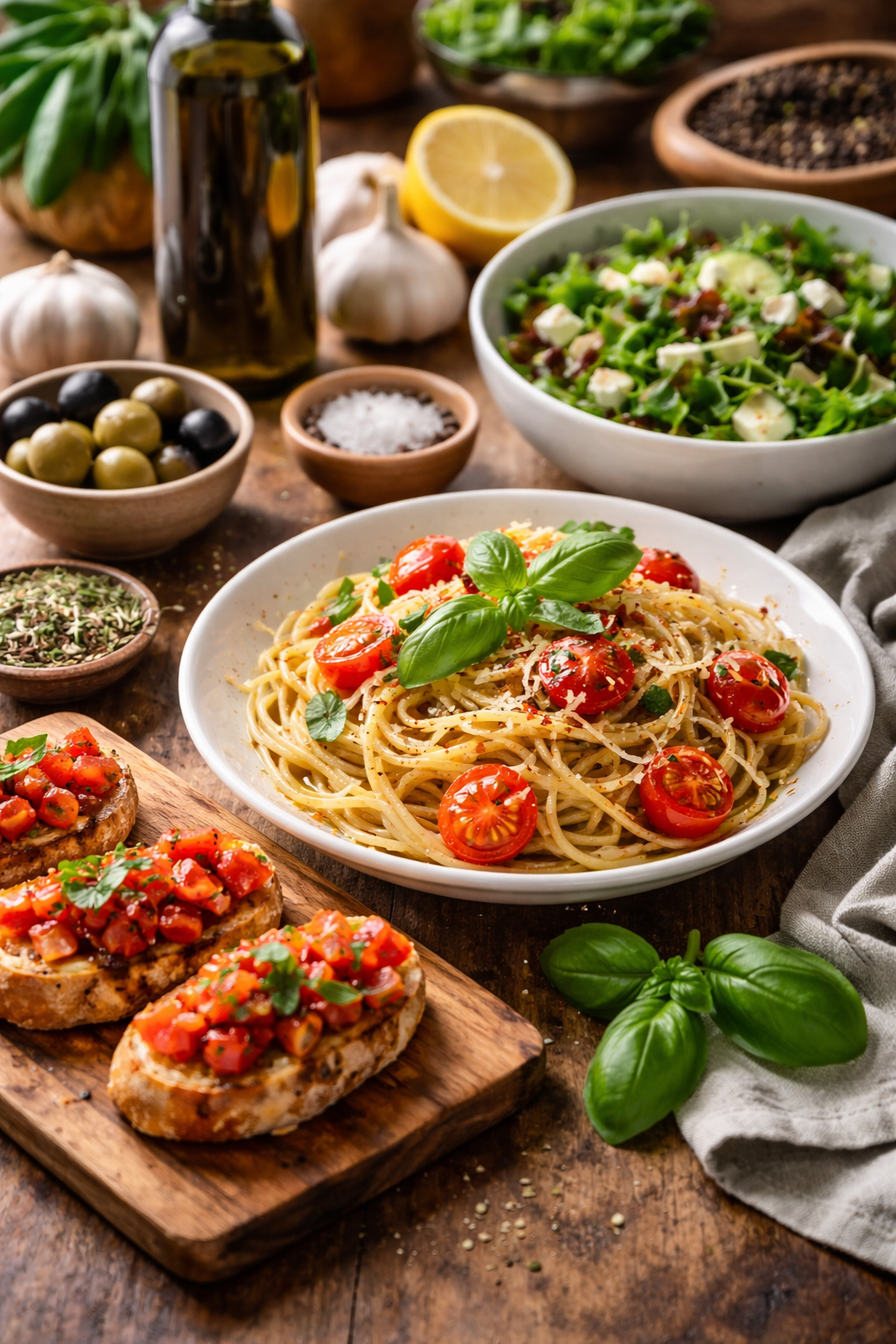 Mediterrane Gerichte mit Olivenöl: Pasta, Bruschetta und frischer Salat