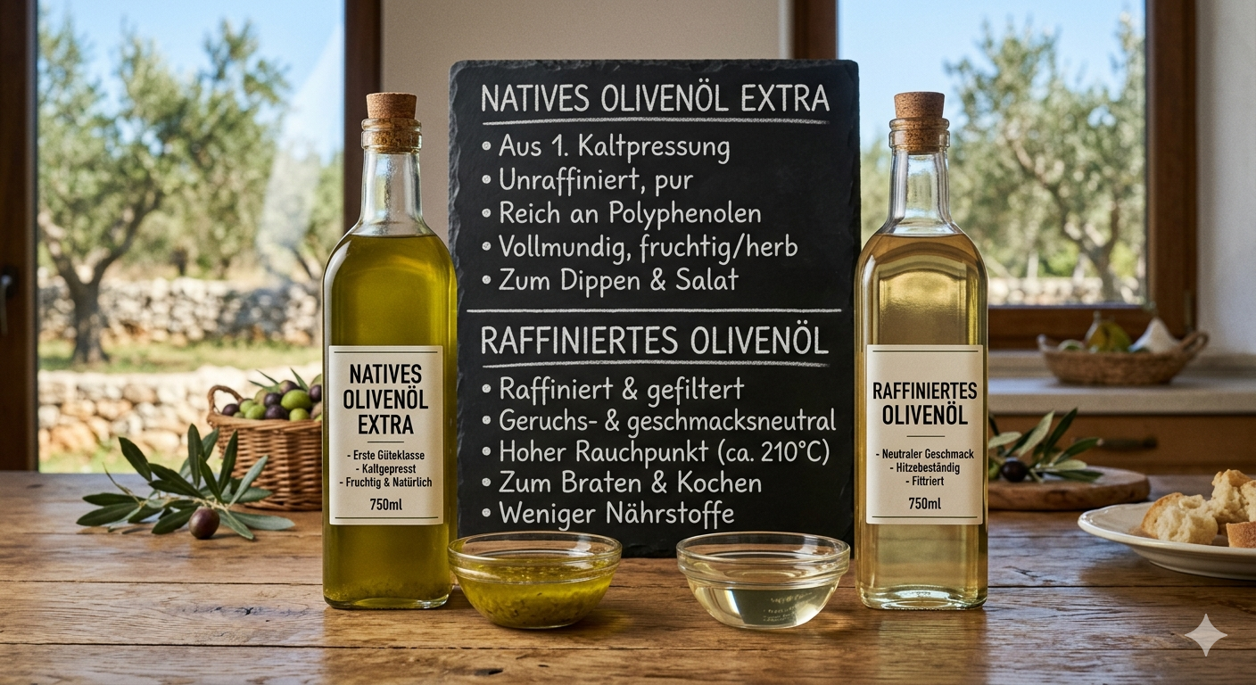 Vergleich natives Olivenöl extra und raffiniertes Olivenöl – zwei Flaschen nebeneinander