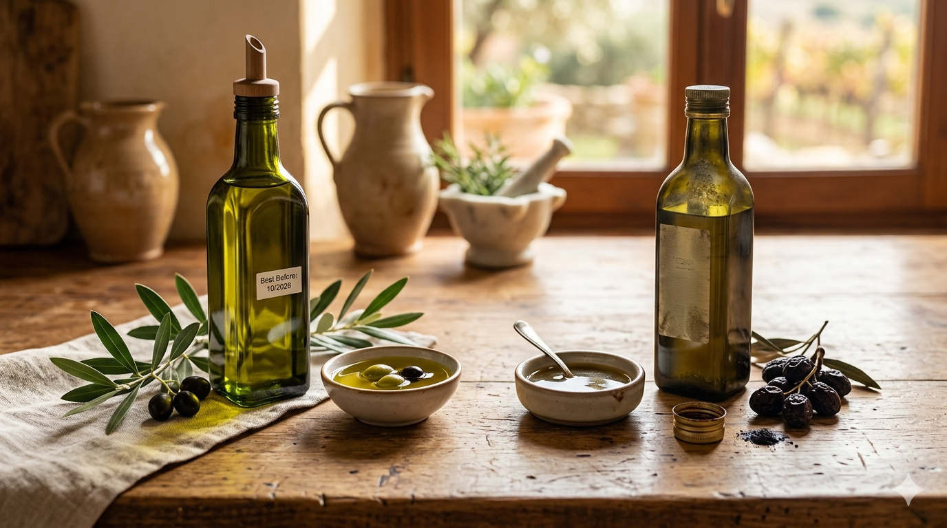 Zwei Olivenölflaschen auf einem Holztisch – Haltbarkeit und Frische von Olivenöl
